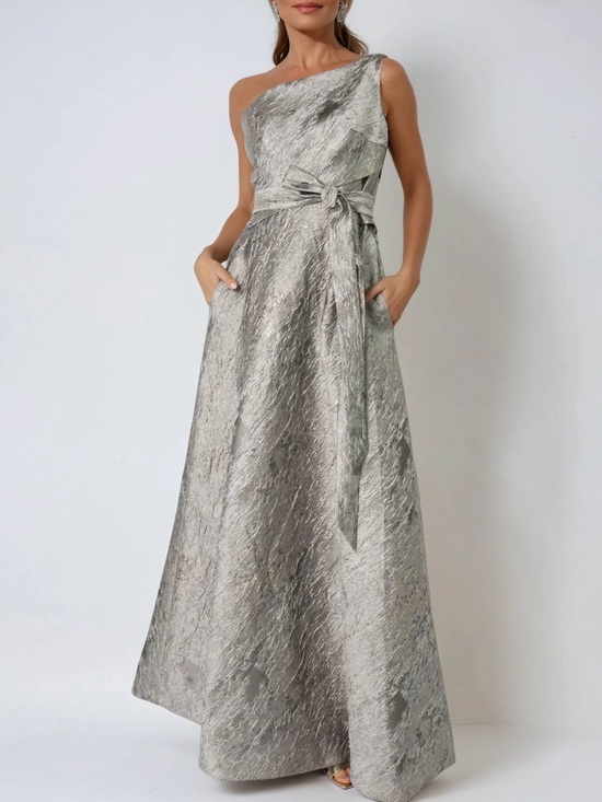 Rene Ruiz Dresses & Skirts - NWT Rene Ruiz One-Shoulder Silver Metallic Evening Gown with Waist Tie